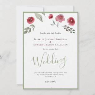 Convites Elegantes Rosas Burgundy & Casamento em Verde Salv