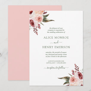 Convites Elegantes Rosas Burgundy Rosa em Aquarela para Cas