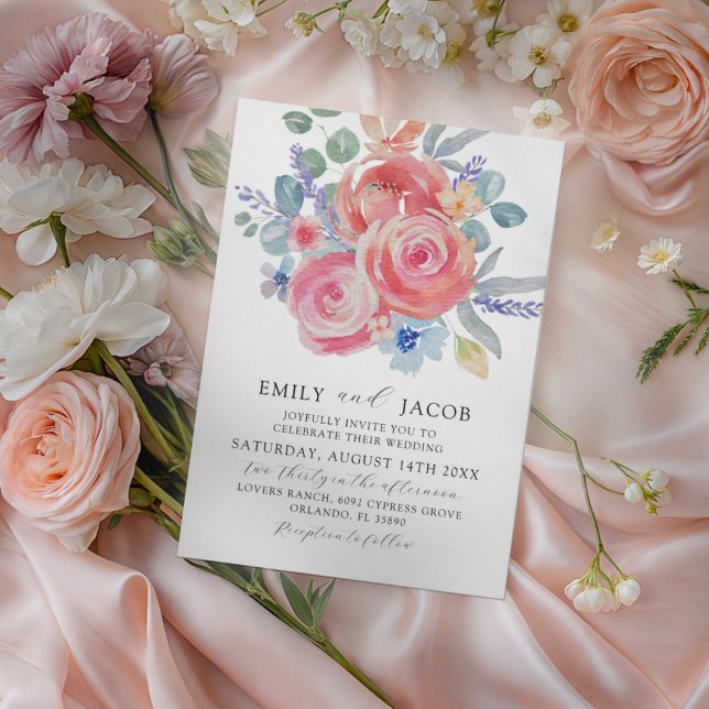 Convites Elegantes Rosas Cor-de-Rosa e Eucalipto em Aquarel (Criador carregado)