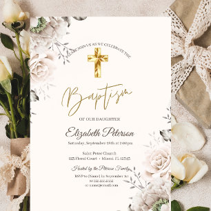 Convites Elegantes Rosas Cruz Ouro Creme Batismo