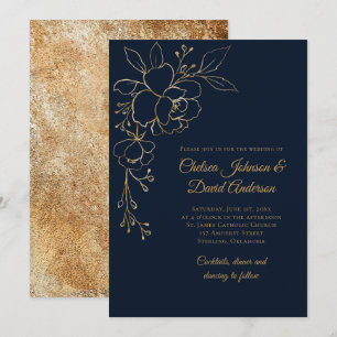Convites Elegantes Rosas Desenhadas a Ouro em Casamento Azu