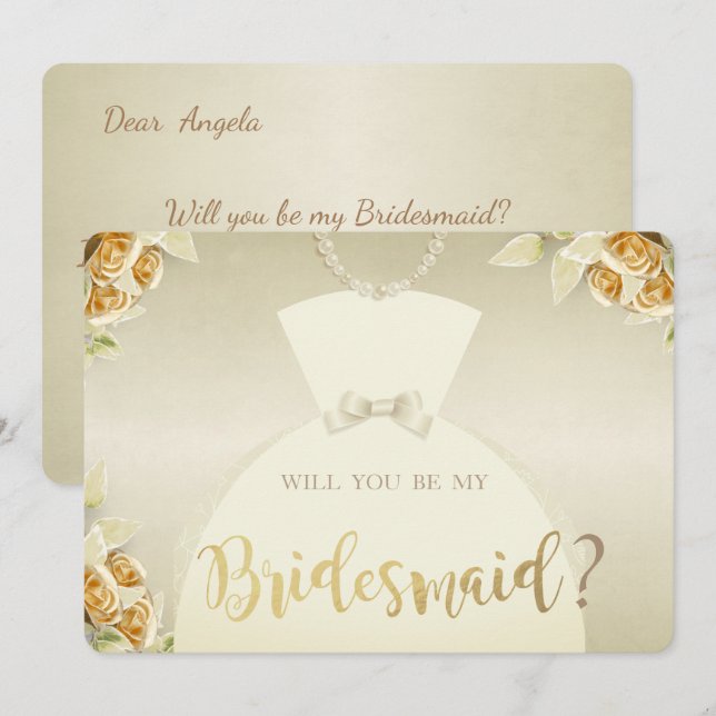 Convites Elegantes, Rosas Douradas, Vestido de Noiva, Cartã (Frente/Verso)