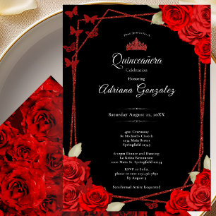 Convites Elegantes Rosas e Coroa Vermelha Quinceanera 
