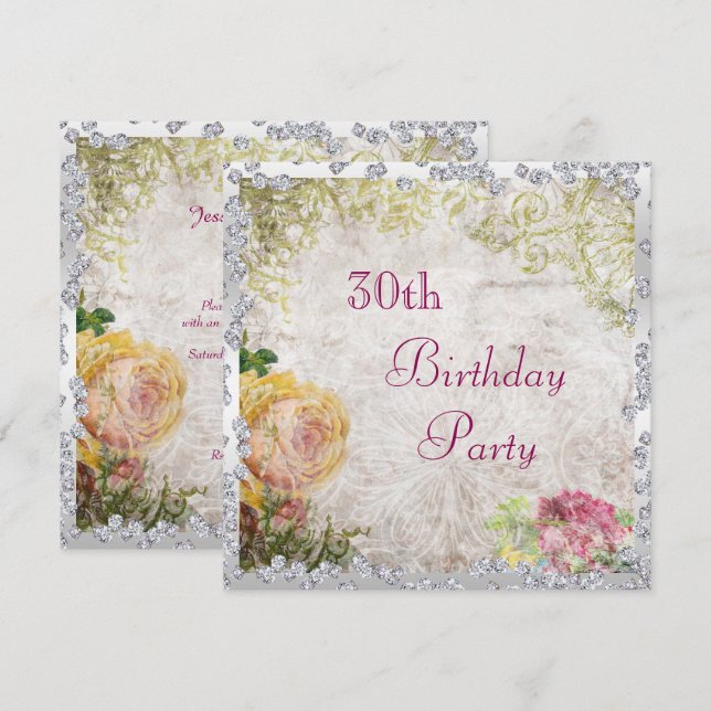 Convites Elegantes Rosas e Diamantes em Estilo Shabby Chic  (Frente/Verso)