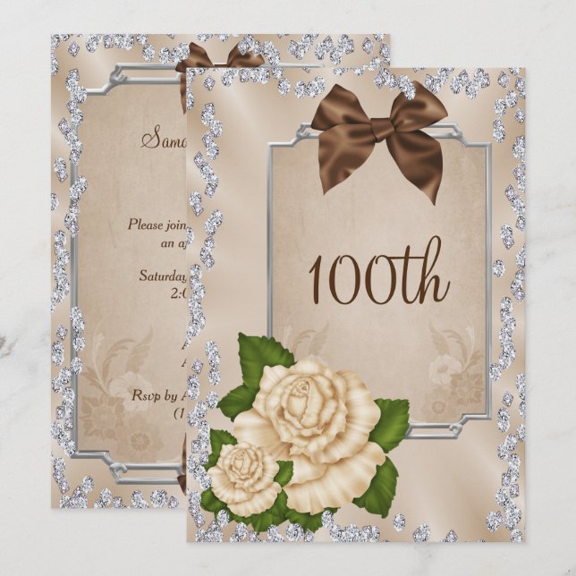 Convites Elegantes Rosas e Laços Ivory Românticas 100º (Frente/Verso)