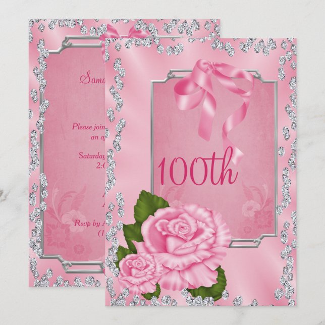 Convites Elegantes Rosas e Laços Românticos 100º (Frente/Verso)