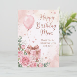 Convites Elegantes Rosas em Aquarela & Balão Rosa Feliz Ani