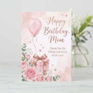 Convites Elegantes Rosas em Aquarela & Balão Rosa Feliz Ani