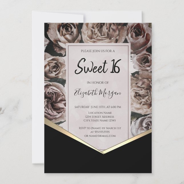 Convites Elegantes Rosas Escuras Sweet 16 (Frente)