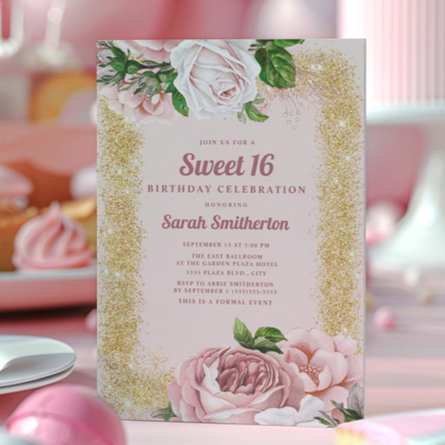 Convites Elegantes Rosas Florais Cor-de-Rosa Brilho Dourado (Blush pink roses and gold glitter Sweet 16 invitation)