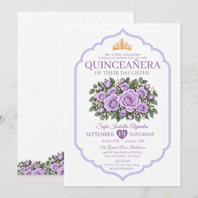 Convites Elegantes Rosas Lavanda Coroa de Princesa Quinceañ (Frente/Verso)