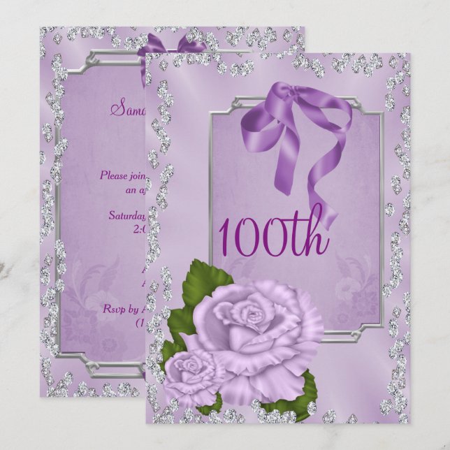 Convites Elegantes Rosas Lilás Românticas & Laços 100º (Frente/Verso)