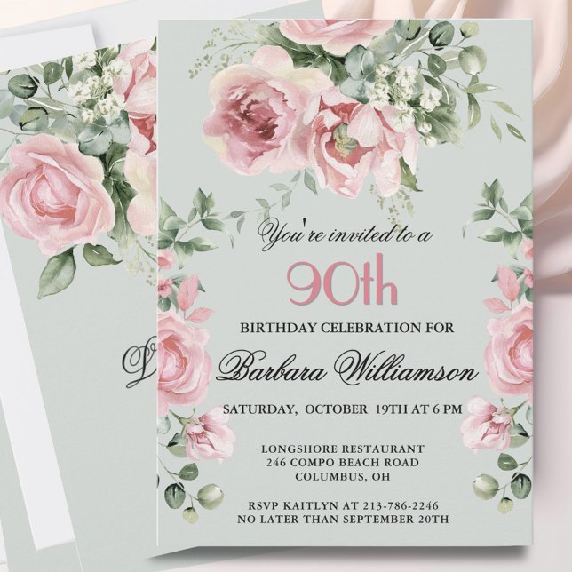 Convites *Elegantes Rosas Pintadas à Mão para Festa de 90 A (Criador carregado)