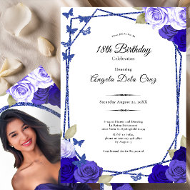 Convites Elegantes Rosas Pretas e Azuis para Debut de 18 An