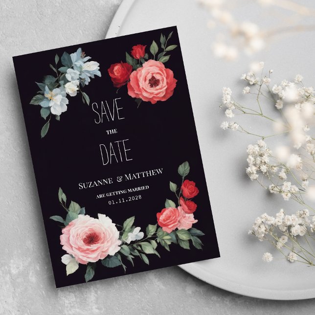 Convites Elegantes rosas pretas vermelhas rosadas e azuis S (Elegant black red pink blue roses Save the Date)