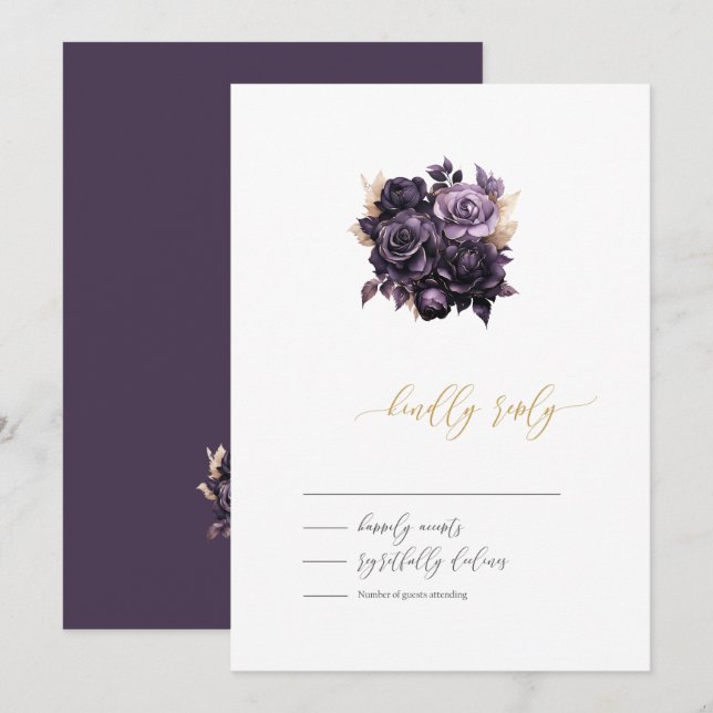 Convites Elegantes Rosas Roxas RSVP  (Frente/Verso)