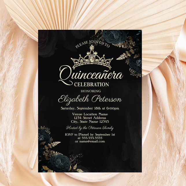 Convites Elegantes Rosas Verde Escuro Gótico Quinceañera (Criador carregado)
