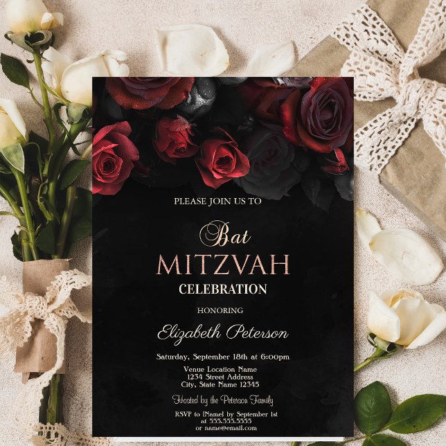 Convites Elegantes Rosas Vermelhas Bats Mitzvah Gótico (Criador carregado)