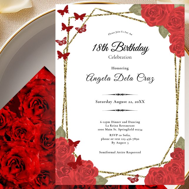 Convites Elegantes Rosas Vermelhas e Douradas para o 18º An (Criador carregado)