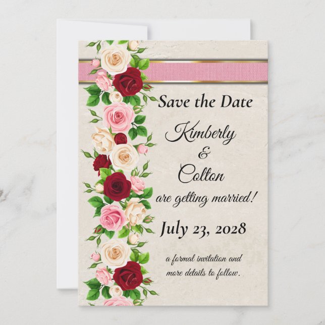 Convites Elegantes Rosas Vermelhas e Rosadas com Casamento  (Frente)