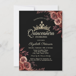 Convites Elegantes Rosas Vermelhas Escuras Quinceañera Góti