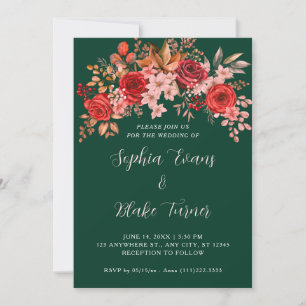 Convites Elegantes Rosas Vermelhas Florais Casamento Verde 