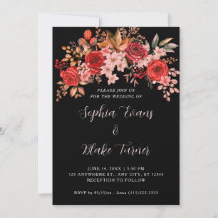 Convites Elegantes Rosas Vermelhas Floral Casamento Preto