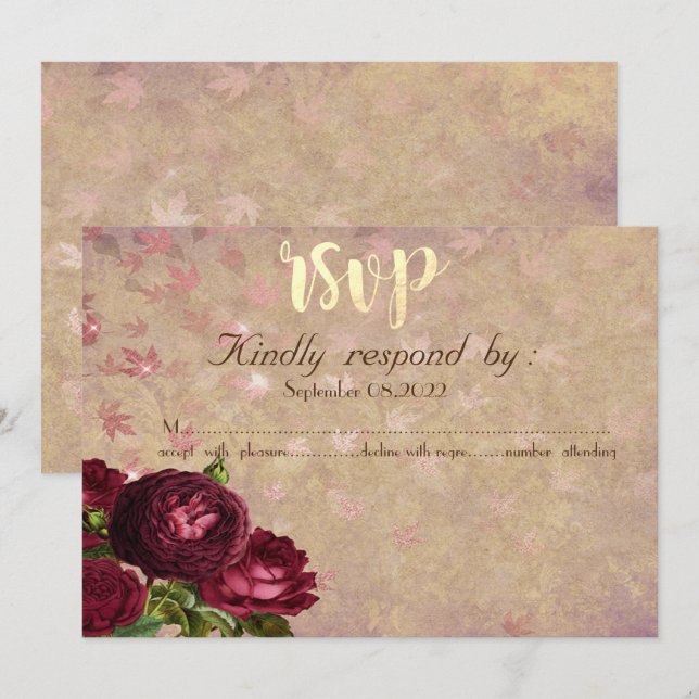 Convites Elegantes Rosas Vermelhas Folhas Caindo RSVP  (Frente/Verso)