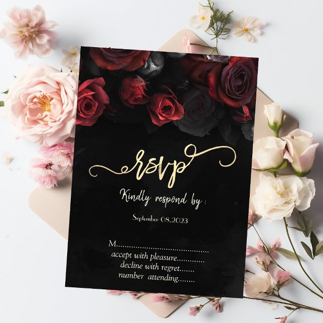 Convites Elegantes Rosas Vermelhas Gótico  RSVP (Criador carregado)