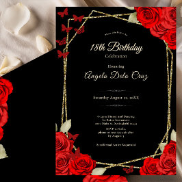 Convites Elegantes Rosas Vermelhas Ouro Preto Debut de 18 A