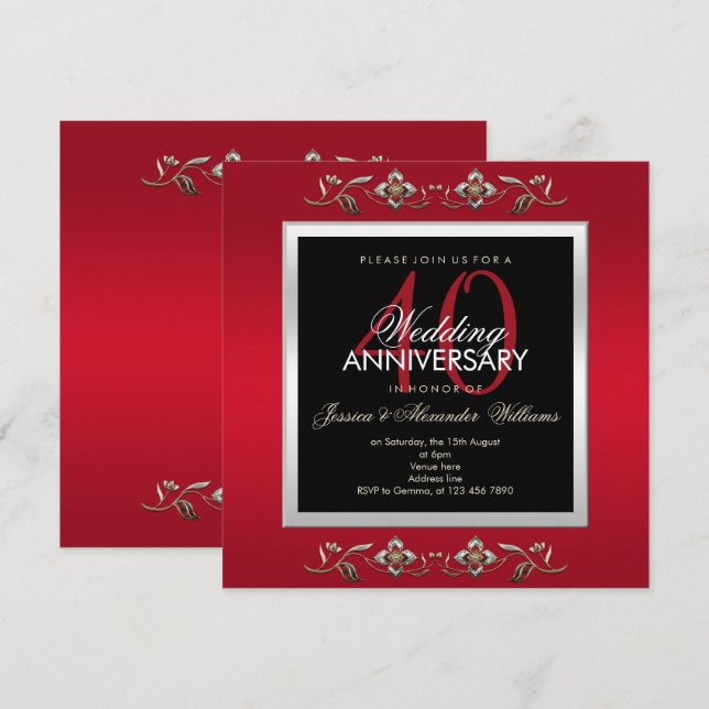 Convites Elegantes Rubis Jóias 40º Aniversário de Casamento (Frente/Verso)