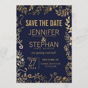 Convites Elegantes Save the Dates Florais em Azul Naval e D
