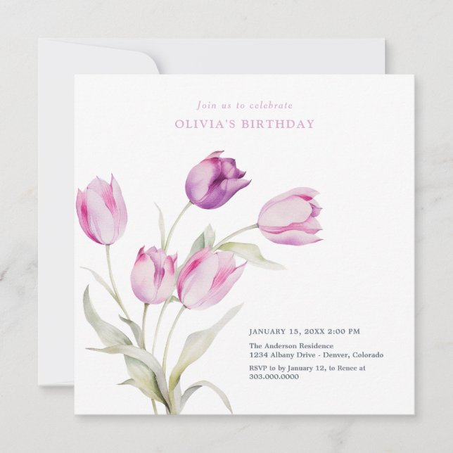 Convites Elegantes Tulipas Lilases Roxas em Aquarela (Frente)