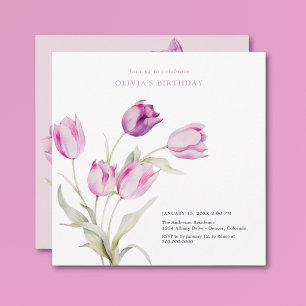 Convites Elegantes Tulipas Lilases Roxas em Aquarela