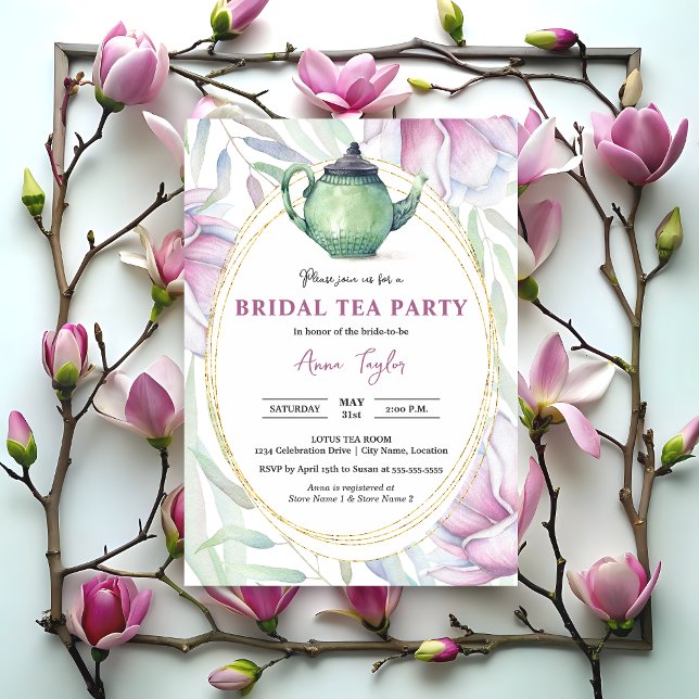 Convites Elegente Magnolia Floral Bridal Tea Party (Elegant magnolia floral tea party invitation front.)