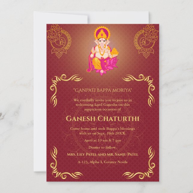 Convites Elementos para Ouro de Ganesh Chaturthi Puja Roya (Frente)