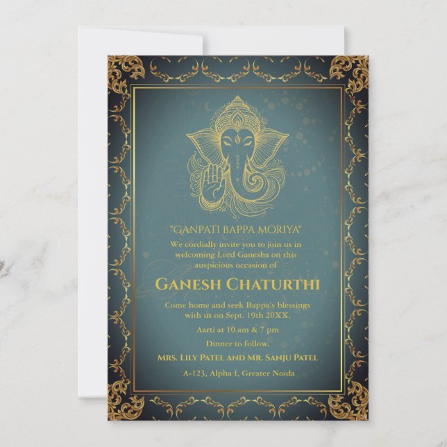 Convites Elementos para Ouro de Ganesh Chaturthi Puja Roya (Frente)