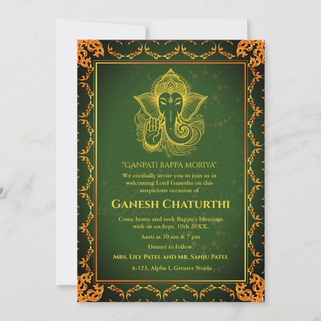 Convites Elementos para Ouro de Ganesh Chaturthi Puja Roya (Frente)