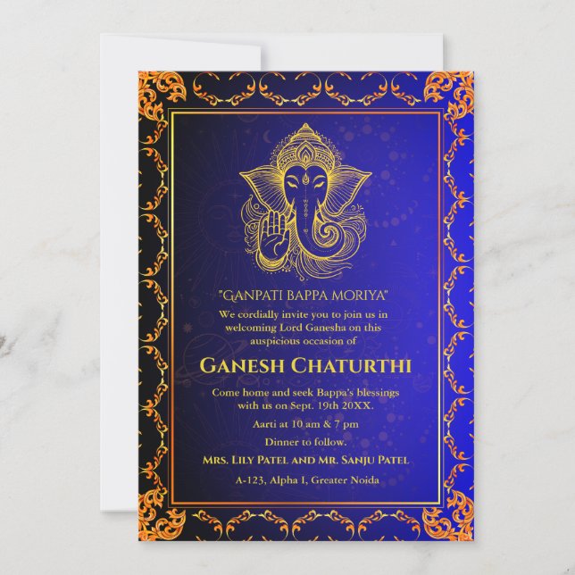 Convites Elementos para Ouro de Ganesh Chaturthi Puja Roya (Frente)