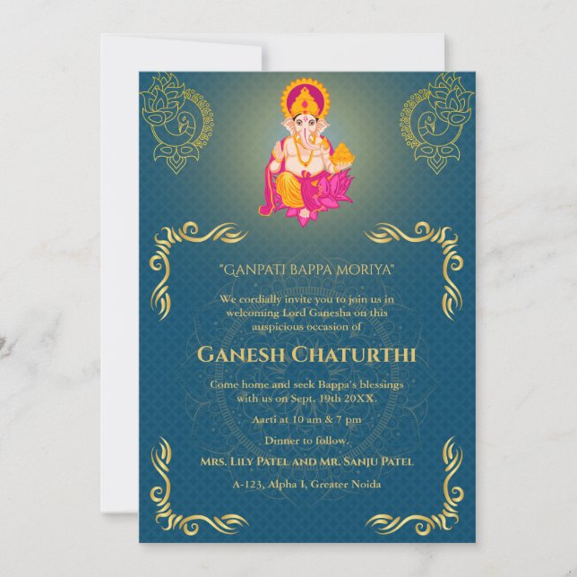 Convites Elementos para Ouro de Ganesh Chaturthi Puja Roya (Frente)