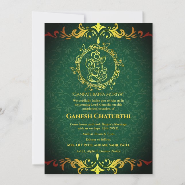 Convites Elementos para Ouro de Ganesh Chaturthi Puja Roya (Frente)