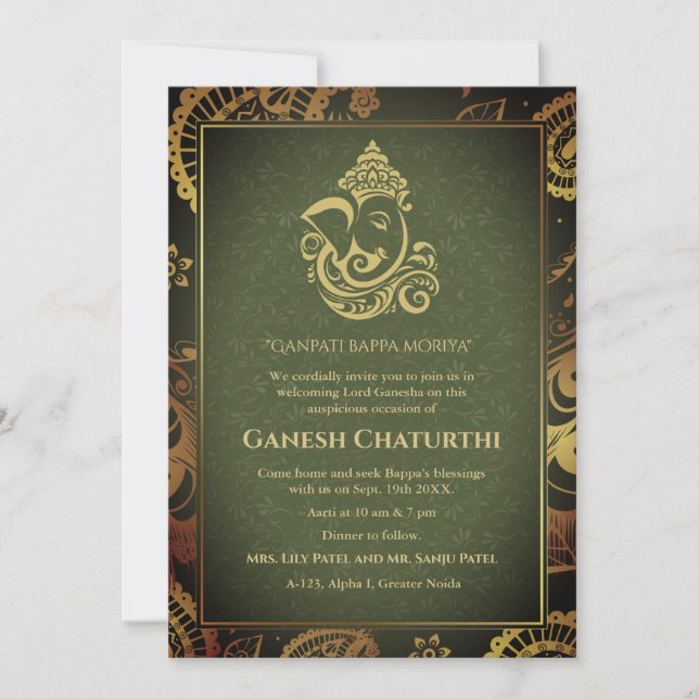 Convites Elementos para Ouro de Ganesh Chaturthi Puja Roya (Frente)