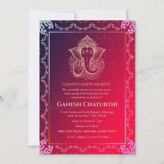 Convites Elementos para Ouro de Ganesh Chaturthi Puja Roya (Frente)