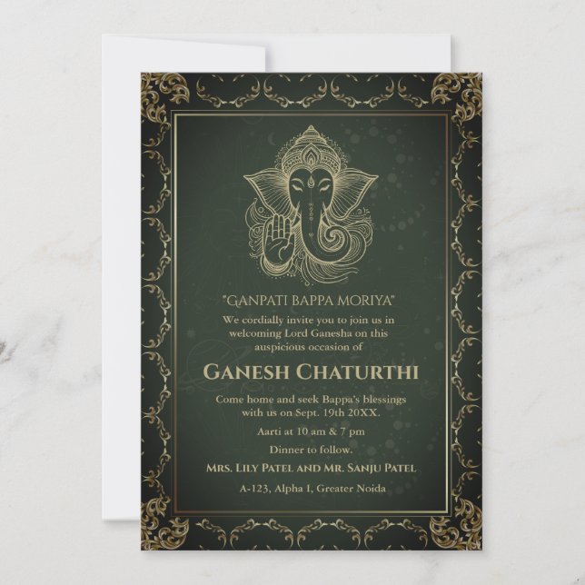 Convites Elementos para Ouro de Ganesh Chaturthi Puja Roya (Frente)