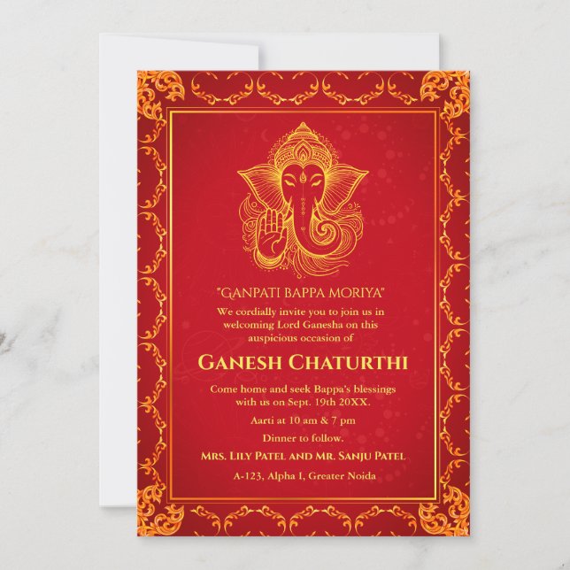 Convites Elementos para Ouro de Ganesh Chaturthi Puja Roya (Frente)