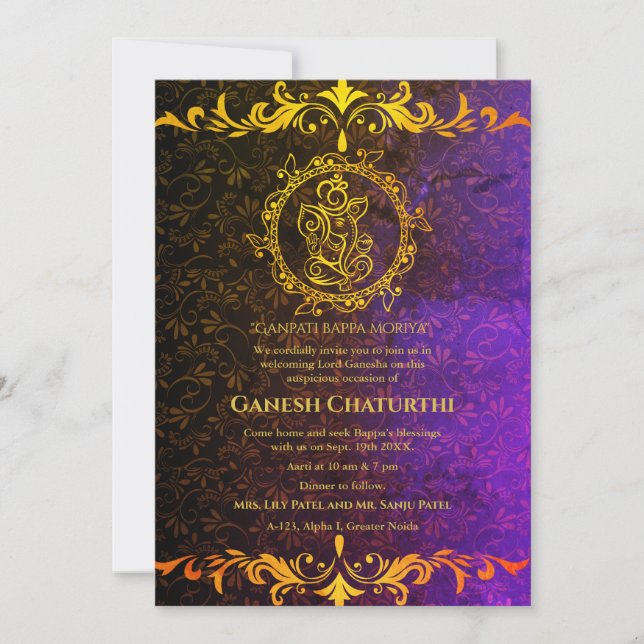 Convites Elementos para Ouro de Ganesh Chaturthi Puja Roya (Frente)