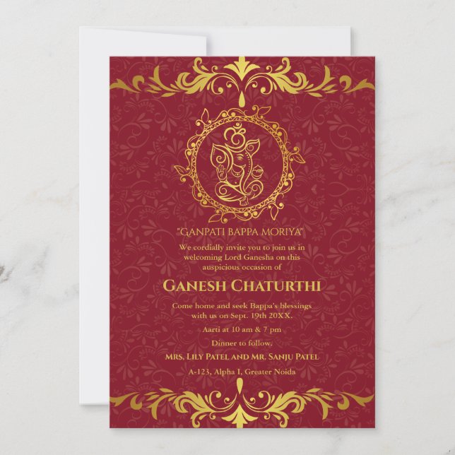 Convites Elementos para Ouro de Ganesh Chaturthi Puja Roya (Frente)