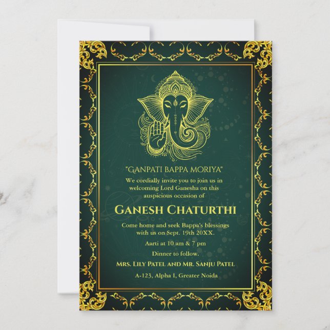 Convites Elementos para Ouro de Ganesh Chaturthi Puja Roya (Frente)