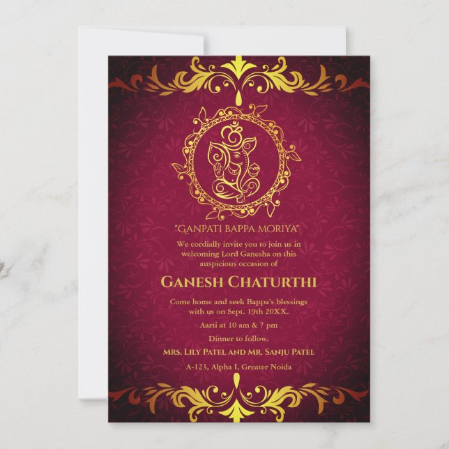 Convites Elementos para Ouro de Ganesh Chaturthi Puja Roya (Frente)
