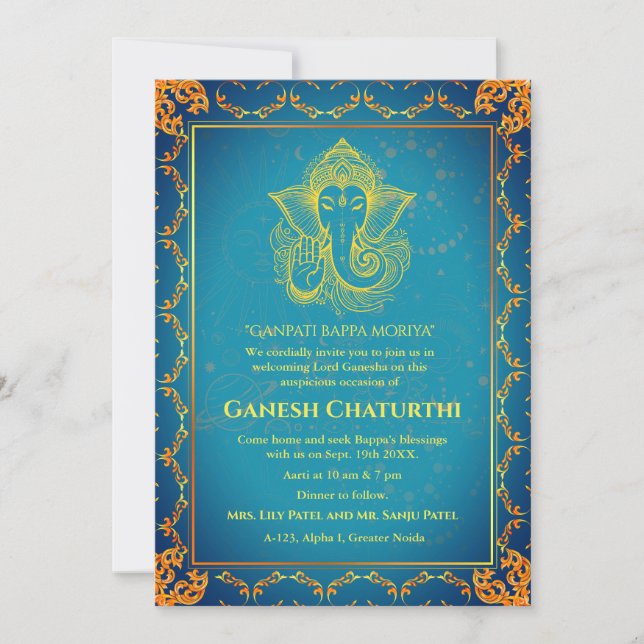 Convites Elementos para Ouro de Ganesh Chaturthi Puja Roya (Frente)